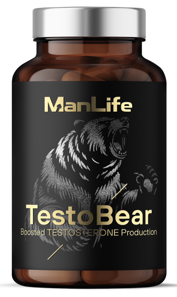Brązowa butelka z tabletkami, czarna etykieta z wizerunkiem ryczącego niedźwiedzia i złotym napisem "ManLife TestoBear Boosted Testosterone Production".